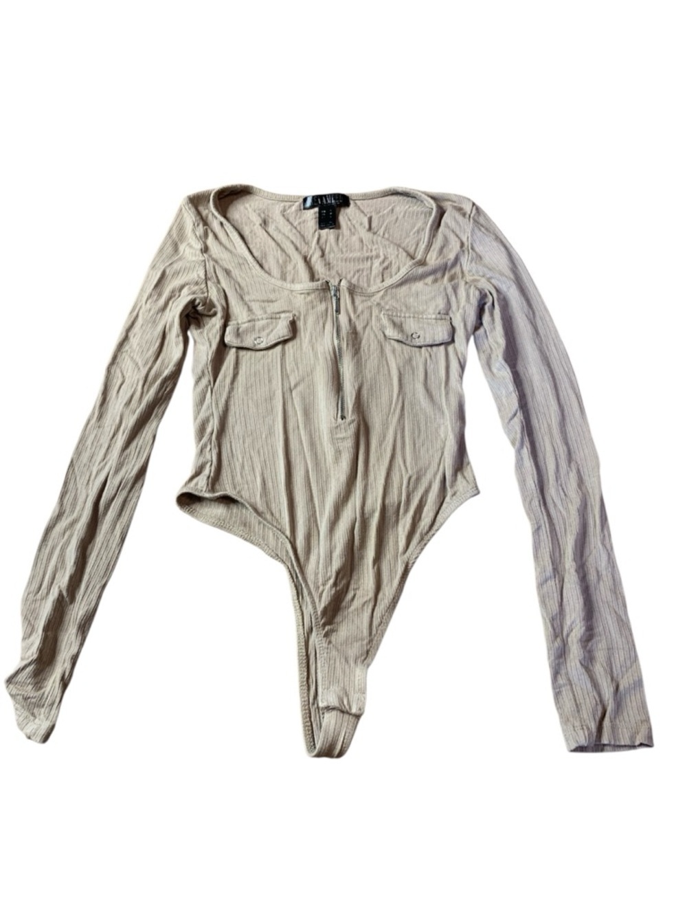 Revamped Tan Ribbed Long Sleeve Bodysuit - Zip Front & Pockets - Small